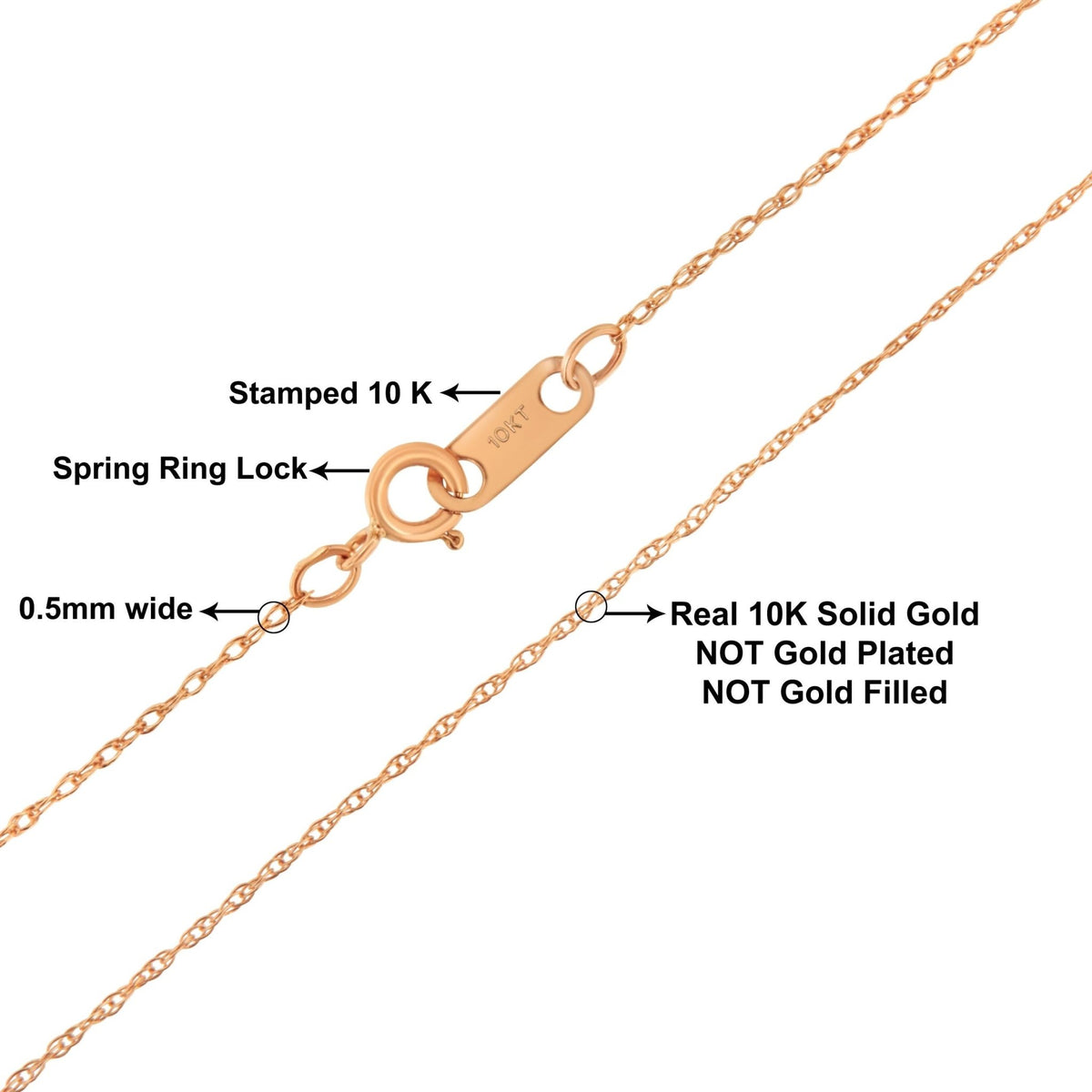 Solid 10K Rose Gold 0.5mm Rope Chain Necklace. Unisex Chain - Size 16&quot; Inches - LinkagejewelrydesignLinkagejewelrydesign