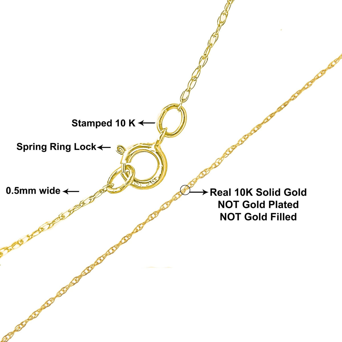 Solid 10K Yellow Gold 0.5mm slim and Dainty Rope Chain Necklace. Unisex Chain - Size 16&quot; Inches - LinkagejewelrydesignLinkagejewelrydesign