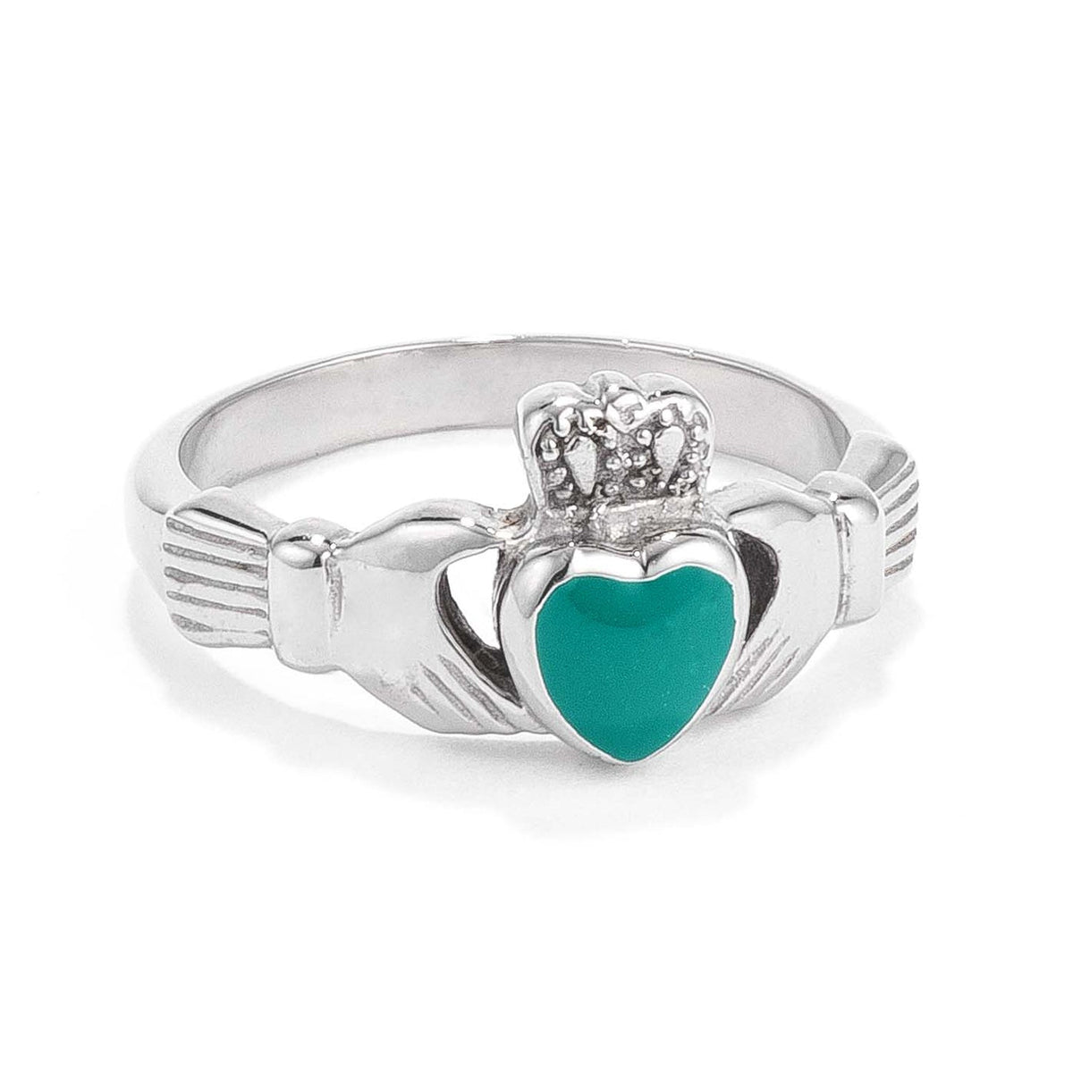 Stainless Steel Irish Claddagh Ring with Green Enamel Heart, &lt;b&gt;Size 5&lt;/b&gt; - LinkagejewelrydesignLinkagejewelrydesign