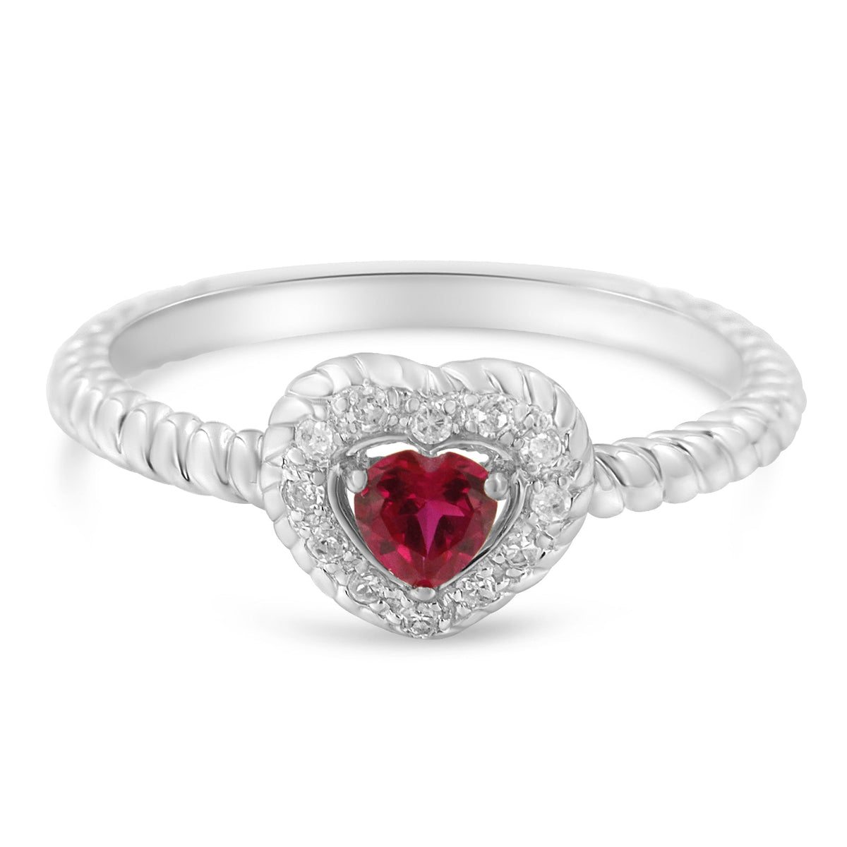 Sterling Silver 4MM Lab Created Ruby Heart and Diamond Accent Heart Ring (I-J, I2-I3) - Size 7 - LinkagejewelrydesignLinkagejewelrydesign