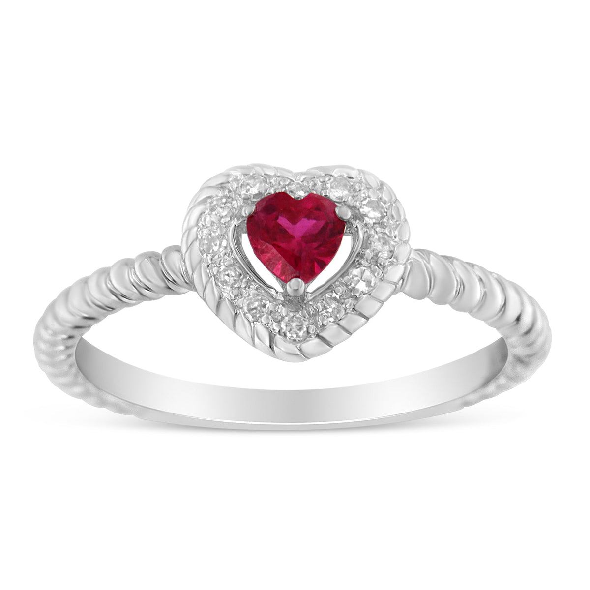 Sterling Silver 4MM Lab Created Ruby Heart and Diamond Accent Heart Ring (I-J, I2-I3) - Size 7 - LinkagejewelrydesignLinkagejewelrydesign