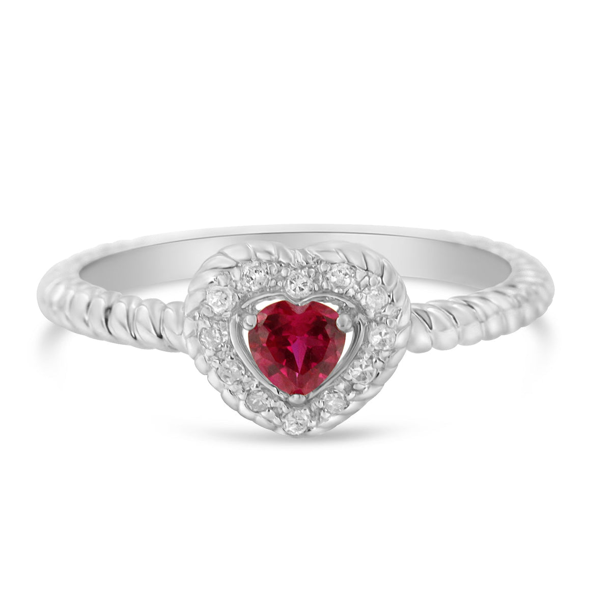 Sterling Silver 4MM Lab Created Ruby Heart and Diamond Accent Heart Ring (I-J, I2-I3) - Size 7 - LinkagejewelrydesignLinkagejewelrydesign