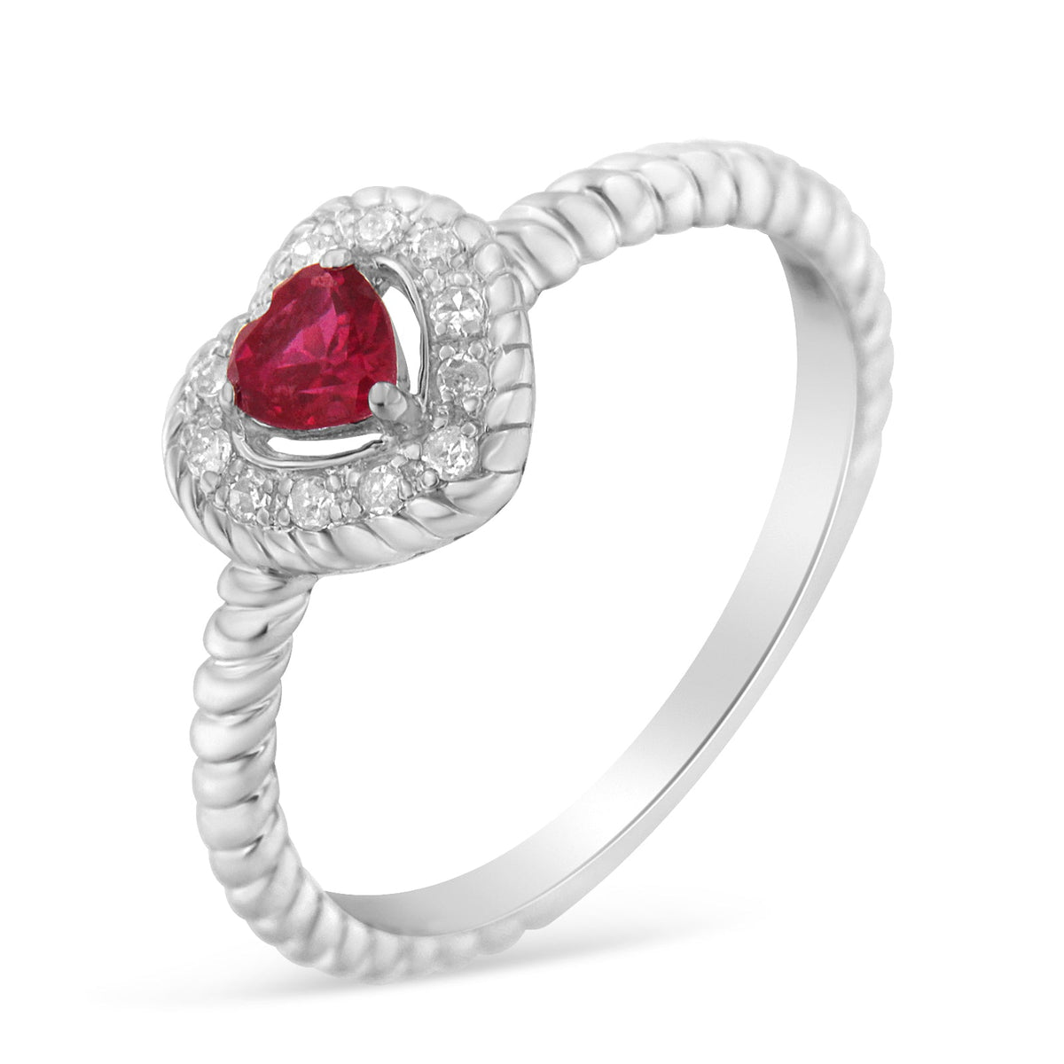 Sterling Silver 4MM Lab Created Ruby Heart and Diamond Accent Heart Ring (I-J, I2-I3) - Size 7 - LinkagejewelrydesignLinkagejewelrydesign