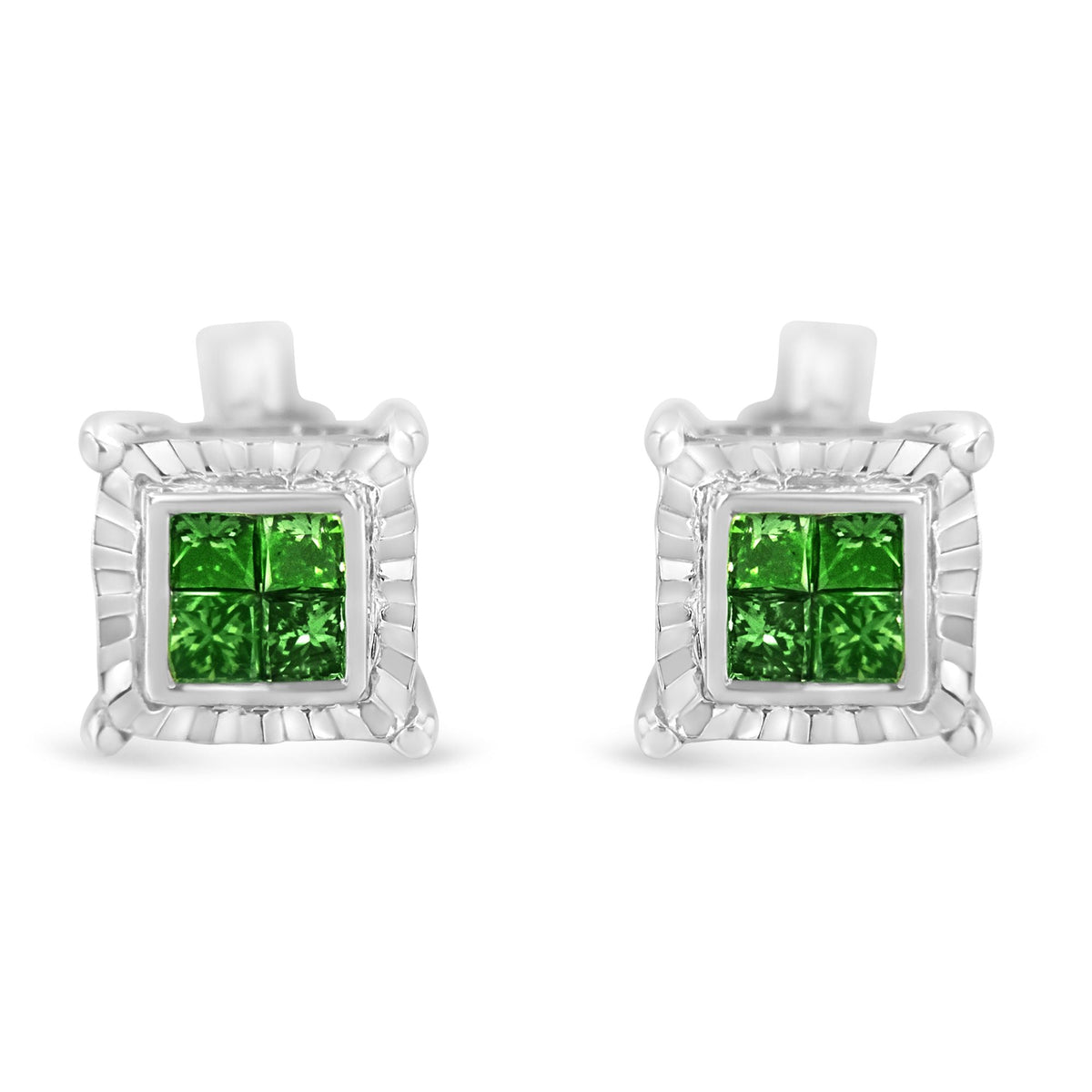 Sterling Silver Color Treated Princess Diamond Quad Stud Earring (1/2 cttw, Green Color, I1-I2 Clarity) - LinkagejewelrydesignLinkagejewelrydesign