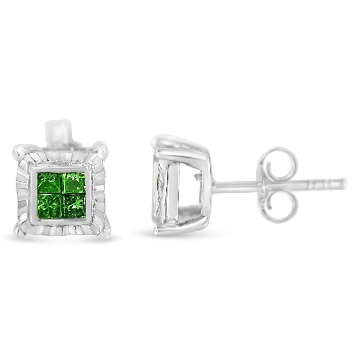 Sterling Silver Color Treated Princess Diamond Quad Stud Earring (1/2 cttw, Green Color, I1-I2 Clarity) - LinkagejewelrydesignLinkagejewelrydesign