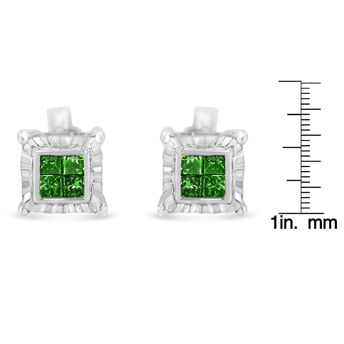 Sterling Silver Color Treated Princess Diamond Quad Stud Earring (1/2 cttw, Green Color, I1-I2 Clarity) - LinkagejewelrydesignLinkagejewelrydesign