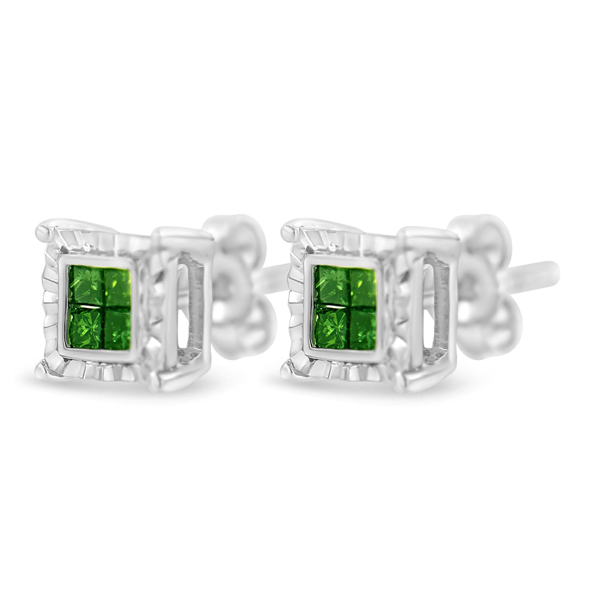 Sterling Silver Color Treated Princess Diamond Quad Stud Earring (1/2 cttw, Green Color, I1-I2 Clarity) - LinkagejewelrydesignLinkagejewelrydesign