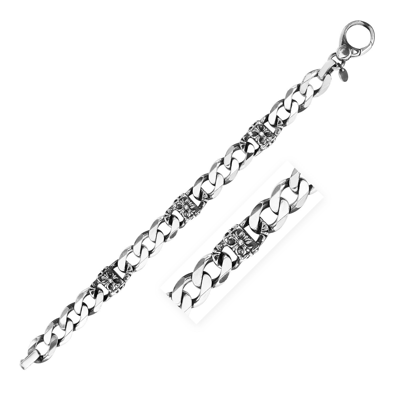 Sterling Silver Gunmetal Finish Cuban Link Bracelet with Floral Design - LinkagejewelrydesignLinkagejewelrydesign
