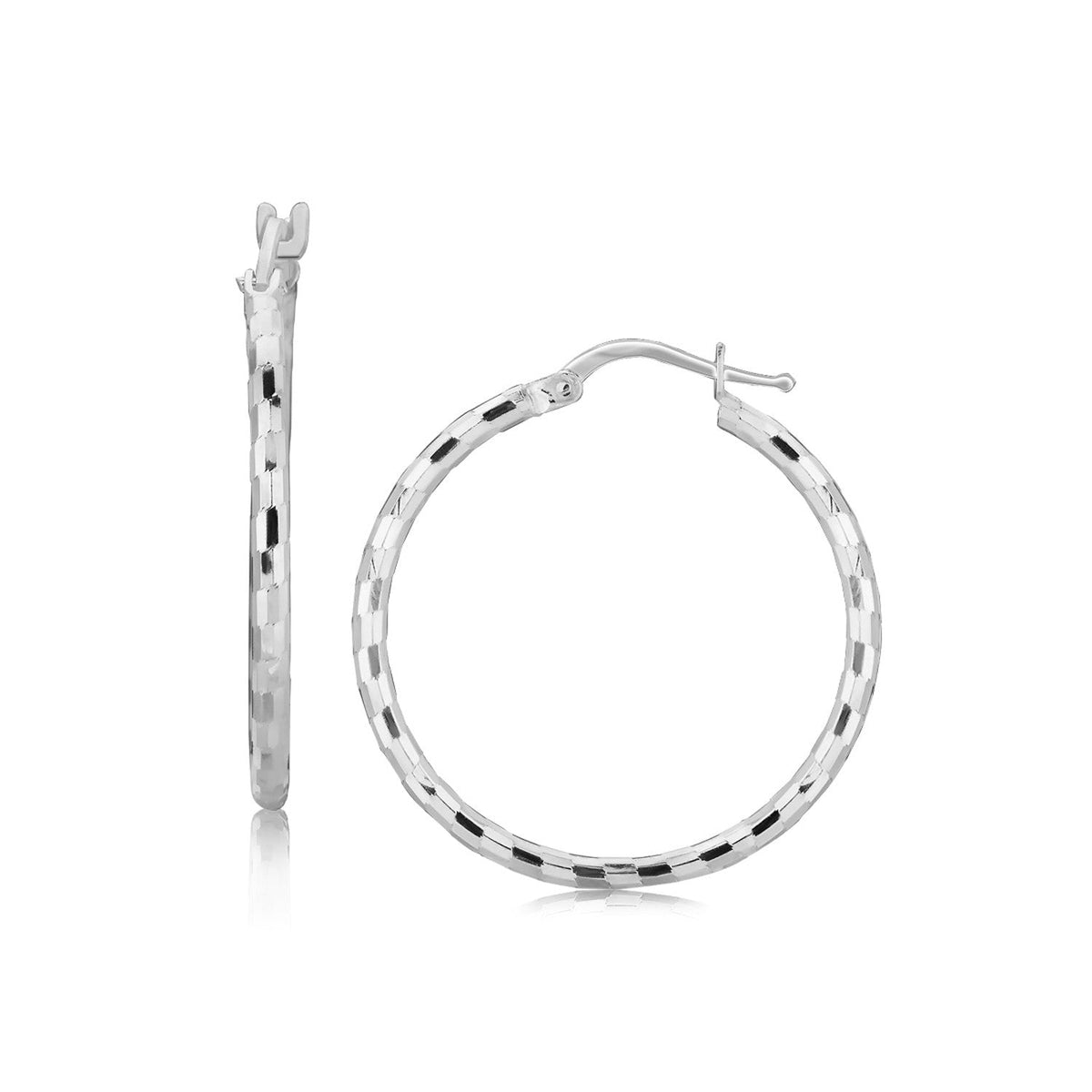 Sterling Silver Hoop Design Diamond Cut Earrings with Rhodium Plating (26mm) - LinkagejewelrydesignLinkagejewelrydesign