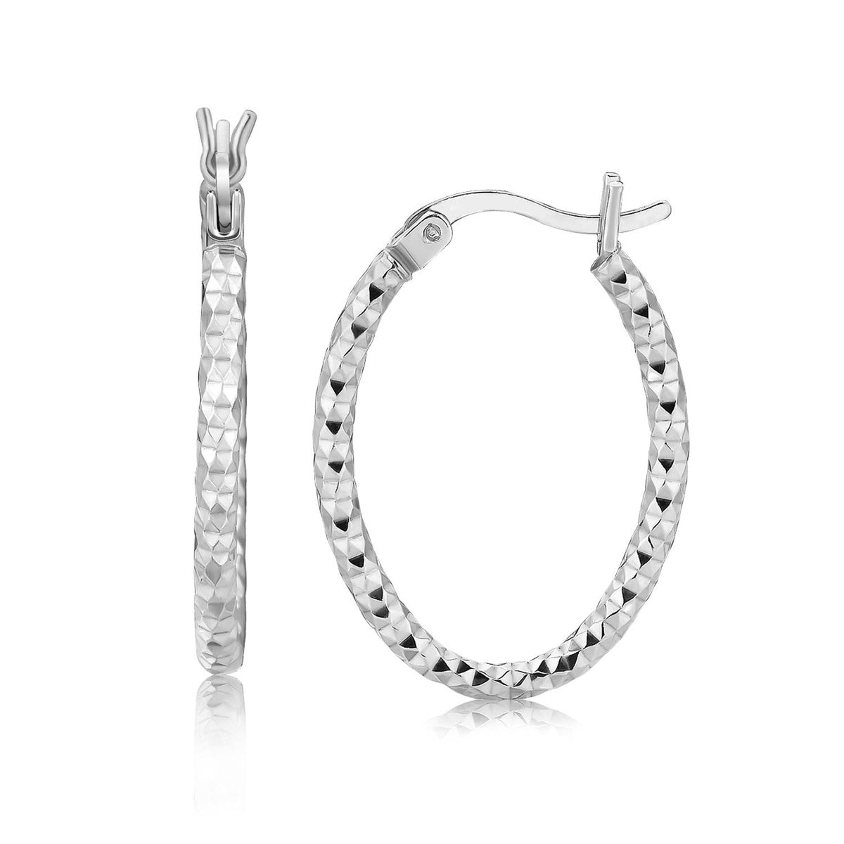 Sterling Silver Hoop Diamond Cut Texture Earrings with Rhodium Plating - LinkagejewelrydesignLinkagejewelrydesign