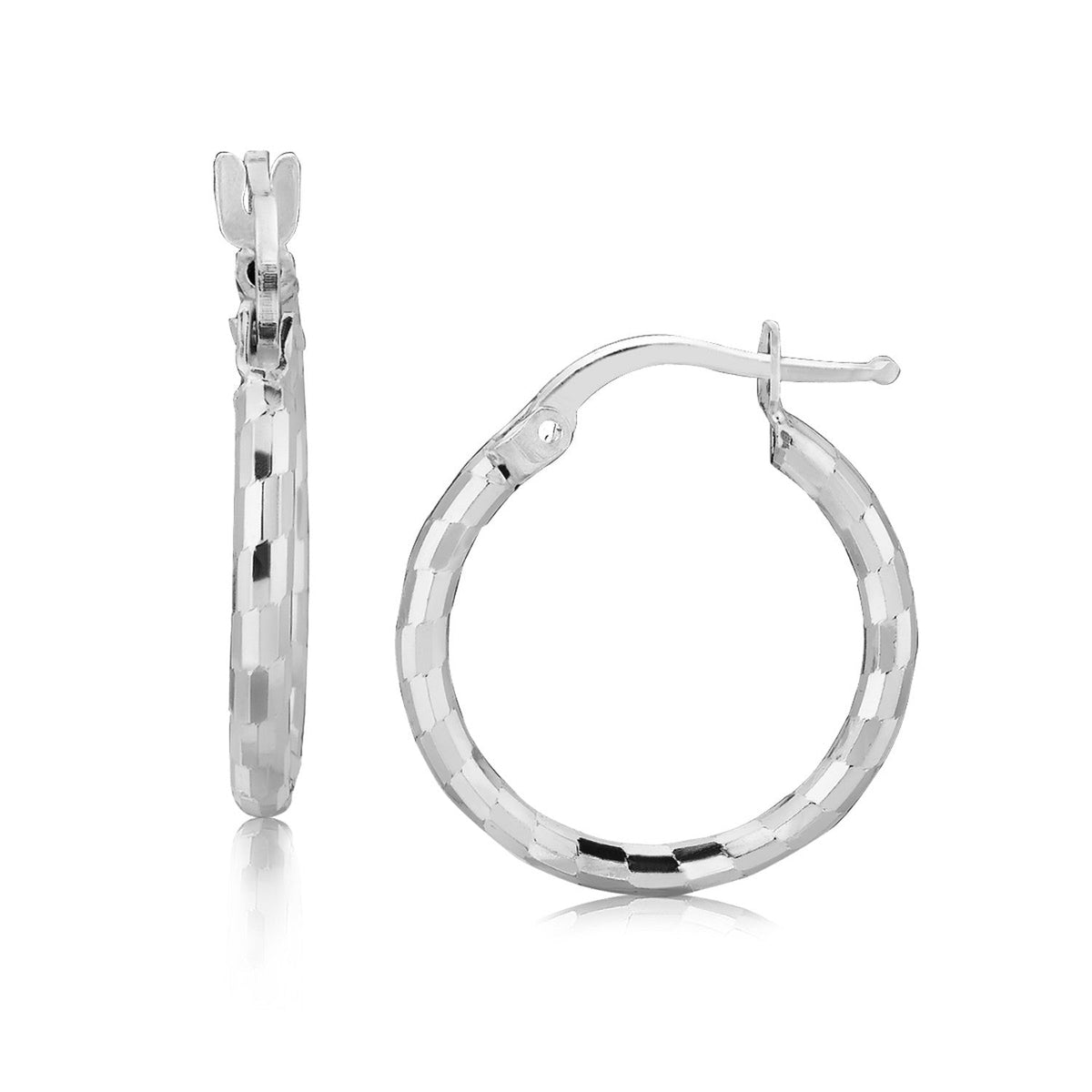 Sterling Silver Rhodium Plated Diamond Cut Small Hoop Earrings (15mm) - LinkagejewelrydesignLinkagejewelrydesign
