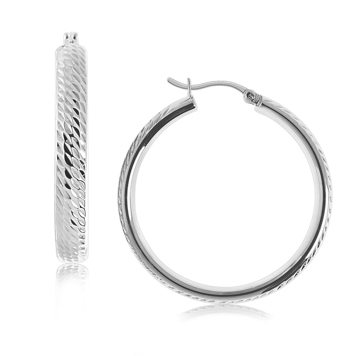 Sterling Silver Rhodium Plated Hoop Marquise Motif Diamond Cut Earrings (30mm) - LinkagejewelrydesignLinkagejewelrydesign