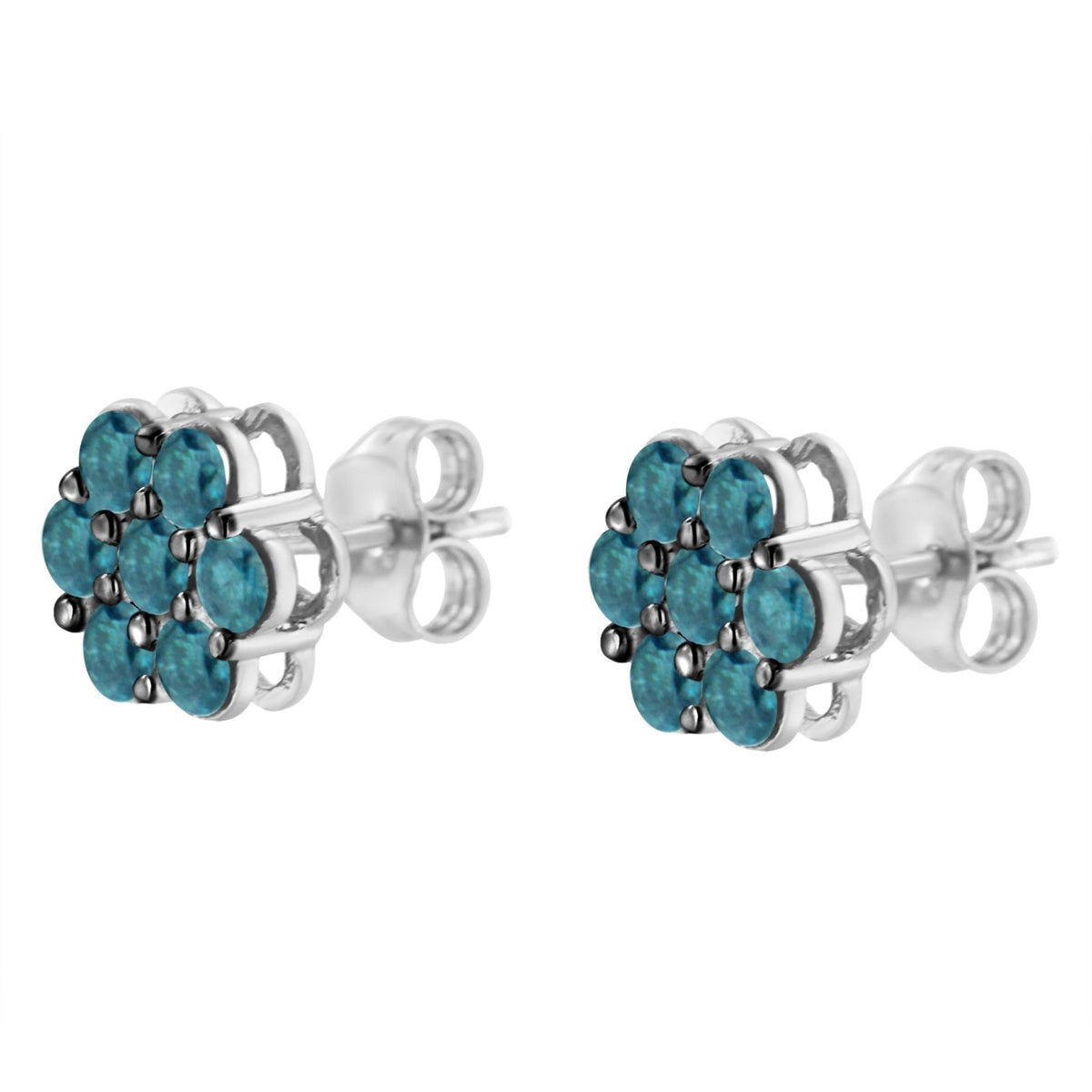Sterling Silver Treated Blue Diamond Floral Stud Earrings (1 cttw, Blue Color, I2-I3 Clarity) - LinkagejewelrydesignLinkagejewelrydesign