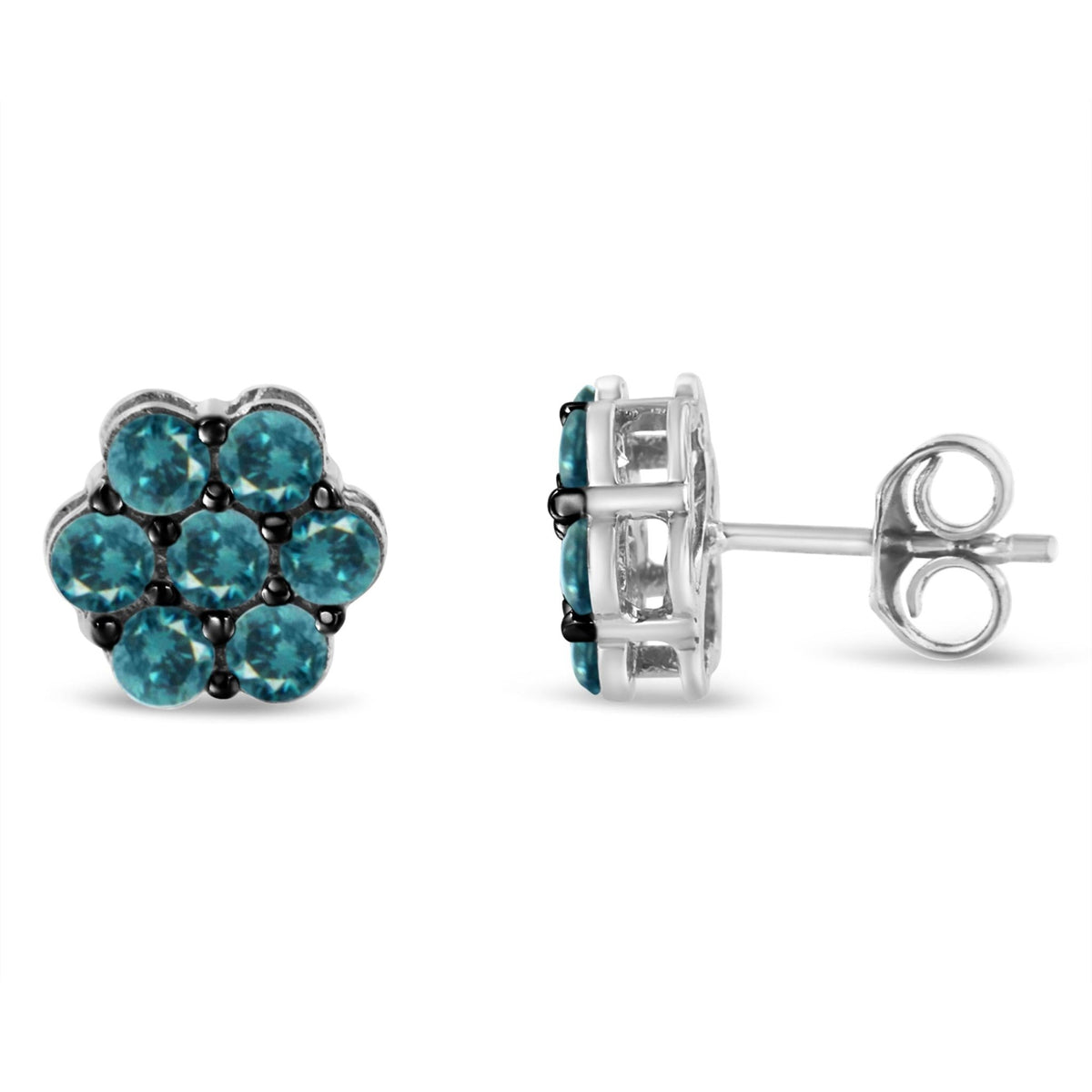 Sterling Silver Treated Blue Diamond Floral Stud Earrings (1 cttw, Blue Color, I2-I3 Clarity) - LinkagejewelrydesignLinkagejewelrydesign