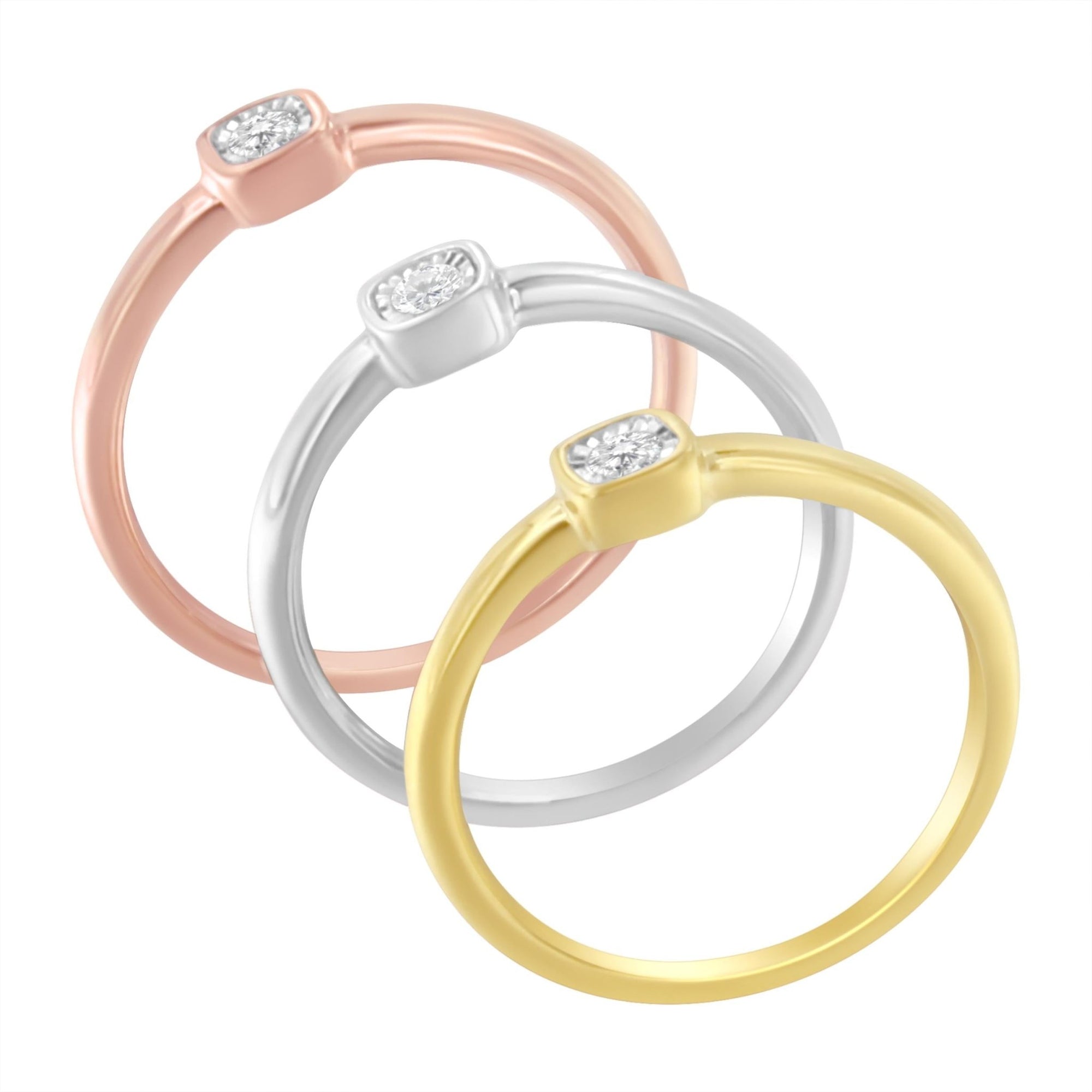 Tri-Color 14K Gold Plated .925 Sterling Silver 1/6 Carat Diamond Square Cushion-Shaped Miracle Set Petite Fashion Promise Ring Set (J-K Color, I1-I2 Clarity) - Size 7 - LinkagejewelrydesignLinkagejewelrydesign