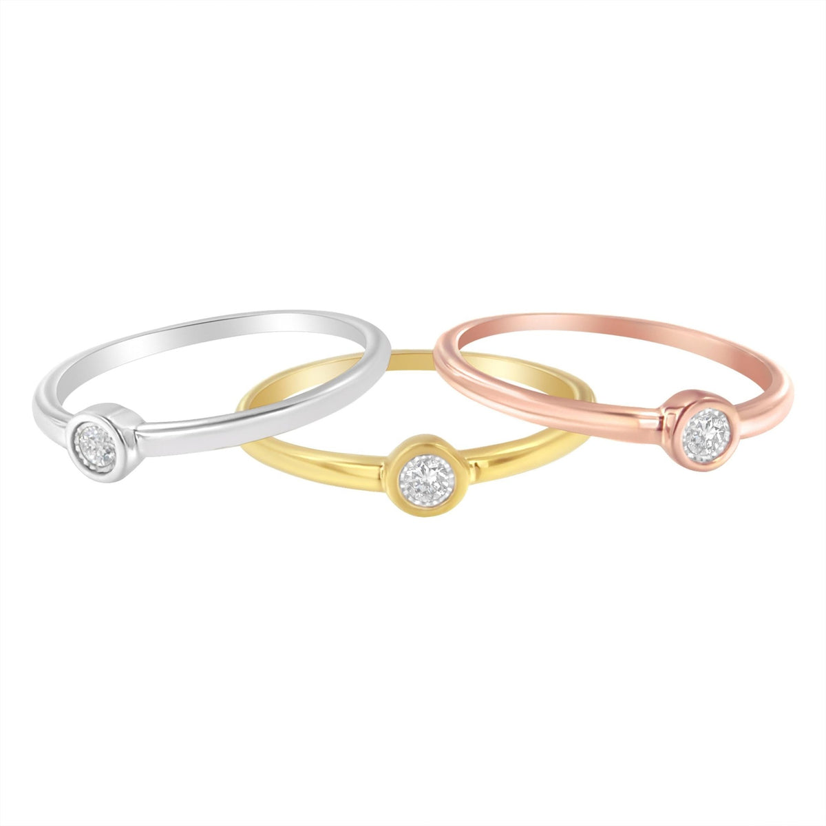 Tri-Color 14K Gold Plated .925 Sterling Silver 1/6 Cttw Round Miracle-Set Diamond Stacking Promise Ring Set (J-K Color, I1-I2 Clarity) - Size 7 - LinkagejewelrydesignLinkagejewelrydesign