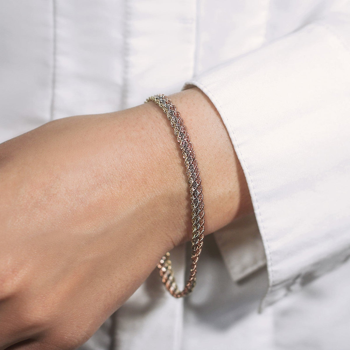 Tri - Toned Multi - Strand Rope Chain Bracelet in 10k Yellow, White, and Rose Gold - LinkagejewelrydesignLinkagejewelrydesign