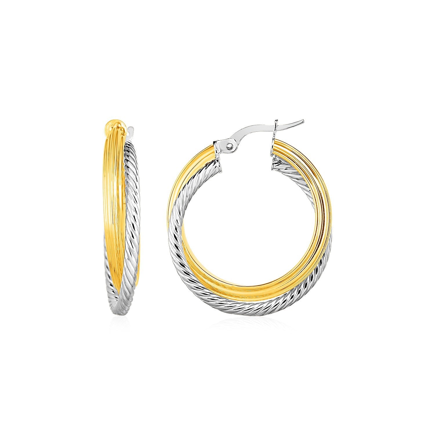 Two Part Textured and Shiny Hoop Earrings in 14k Yellow and White Gold - LinkagejewelrydesignLinkagejewelrydesign