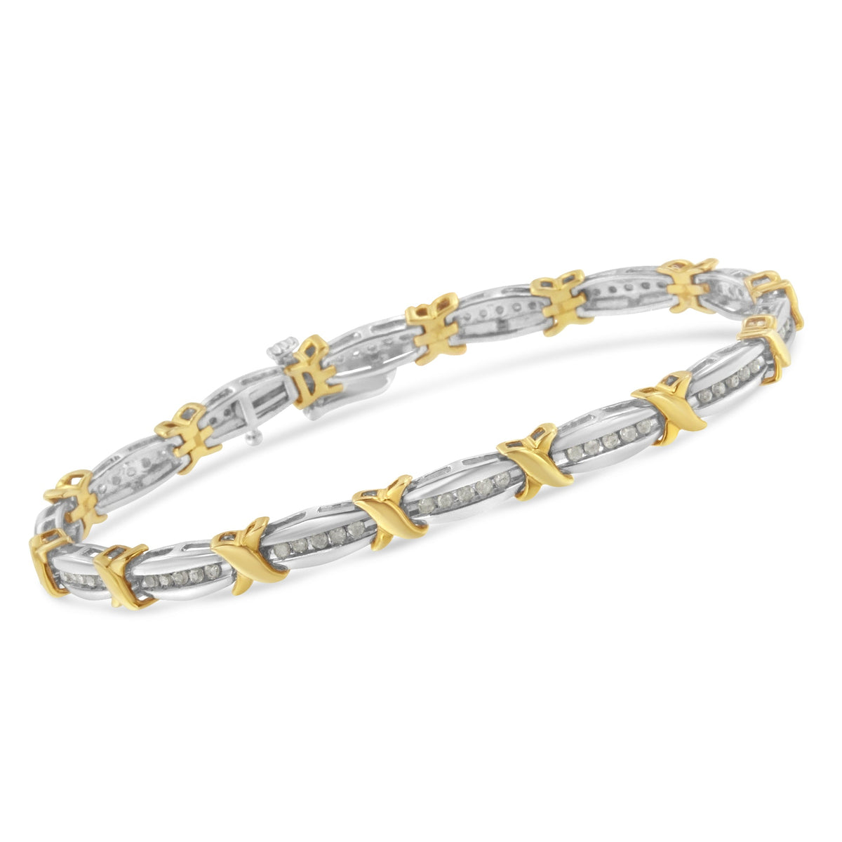 Two-Tone 10K Yellow Gold over .925 Sterling Silver 1.0 Cttw Diamond Channel Set Tapered &amp; X-Link 7&quot; Tennis Bracelet (H-I Color, I2-I3 Clarity) - LinkagejewelrydesignLinkagejewelrydesign