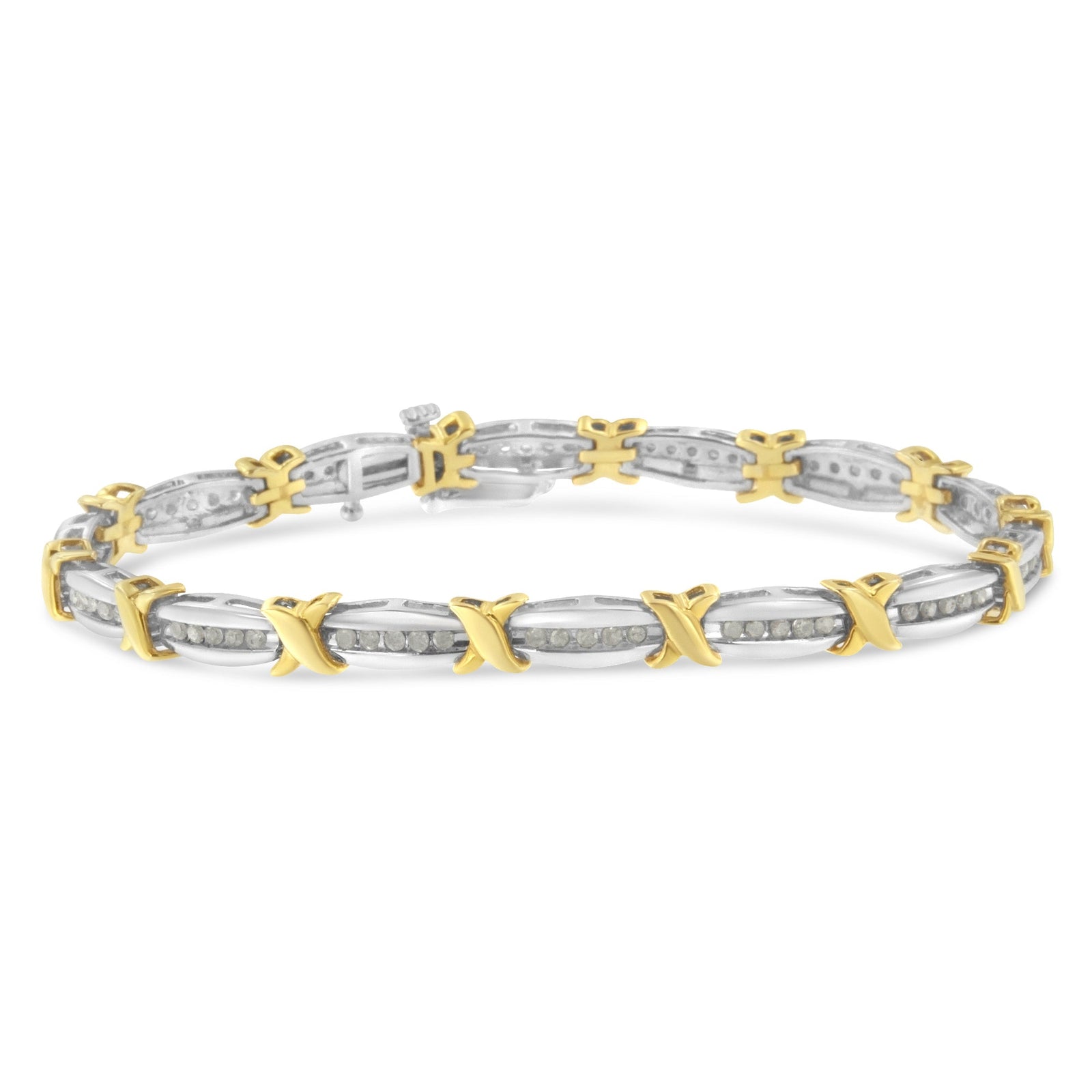 Two-Tone 10K Yellow Gold over .925 Sterling Silver 1.0 Cttw Diamond Channel Set Tapered & X-Link 7" Tennis Bracelet (H-I Color, I2-I3 Clarity) - LinkagejewelrydesignLinkagejewelrydesign