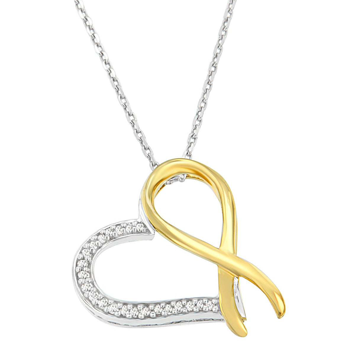 Two-Tone .925 Sterling Silver 1/10 cttw Round Cut Diamond Ribbon Heart Pendant Necklace (H-I, I1-I2) - LinkagejewelrydesignLinkagejewelrydesign