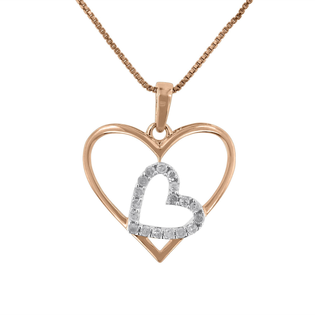 Two Tone .925 Sterling Silver 1/4 cttw Diamond Double Heart Pendant Necklace (I-J, I3) - LinkagejewelrydesignLinkagejewelrydesign