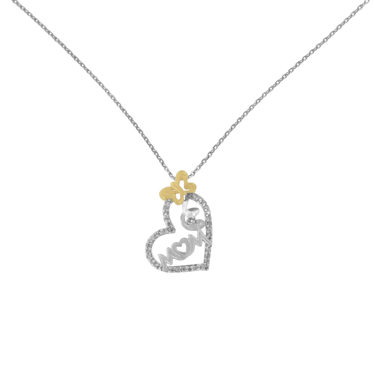 Two Tone .925 Sterling Silver 1/5 cttw Diamond &quot;Mom&quot; and Heart Pendant Necklace (H-I, I1-I2) - LinkagejewelrydesignLinkagejewelrydesign