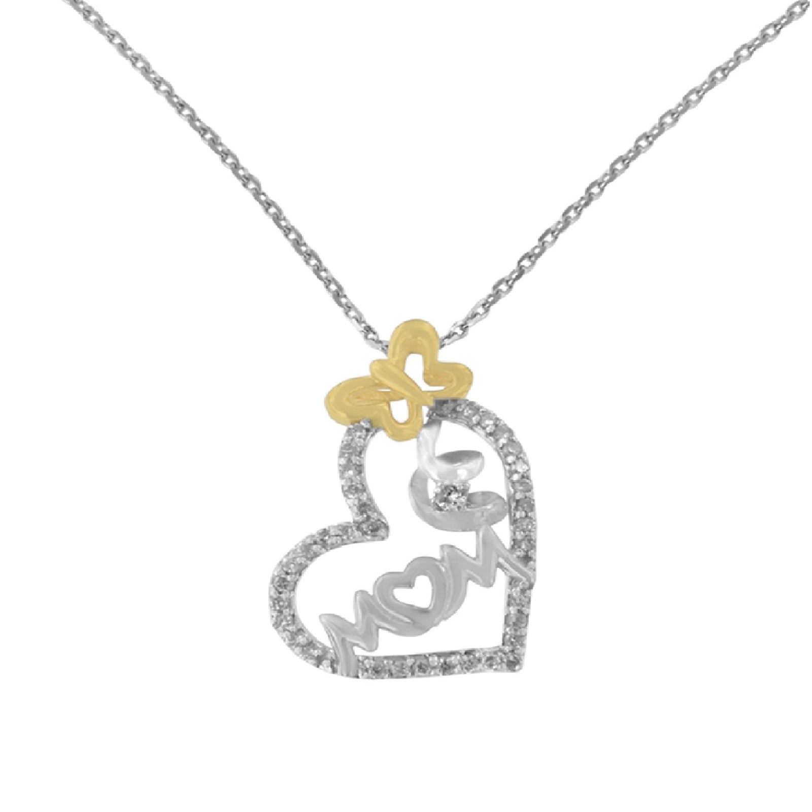Two Tone .925 Sterling Silver 1/5 cttw Diamond "Mom" and Heart Pendant Necklace (H-I, I1-I2) - LinkagejewelrydesignLinkagejewelrydesign