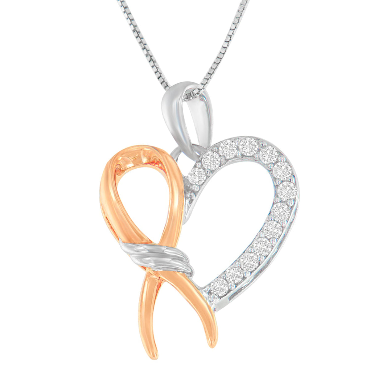 Two-Toned .925 Sterling Silver 1/5 cttw Round Cut Diamond Ribbon Heart Accent Pendant Necklace (H-I, I2-I3) - LinkagejewelrydesignLinkagejewelrydesign