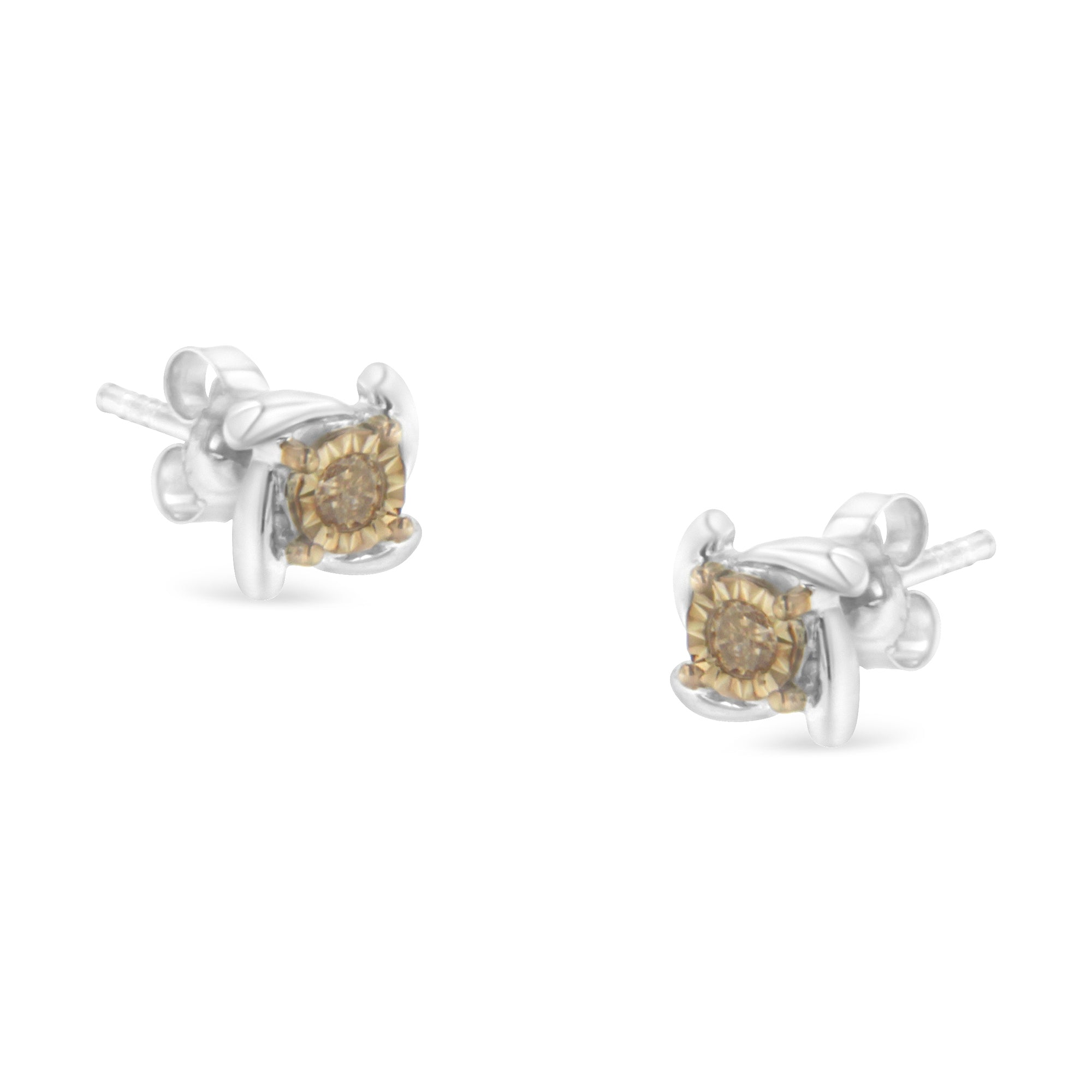 Two-Toned Sterling-Silver Diamond Stud Earring (0.10 cttw, Champagne Color, I2-I3 Clarity) - LinkagejewelrydesignLinkagejewelrydesign