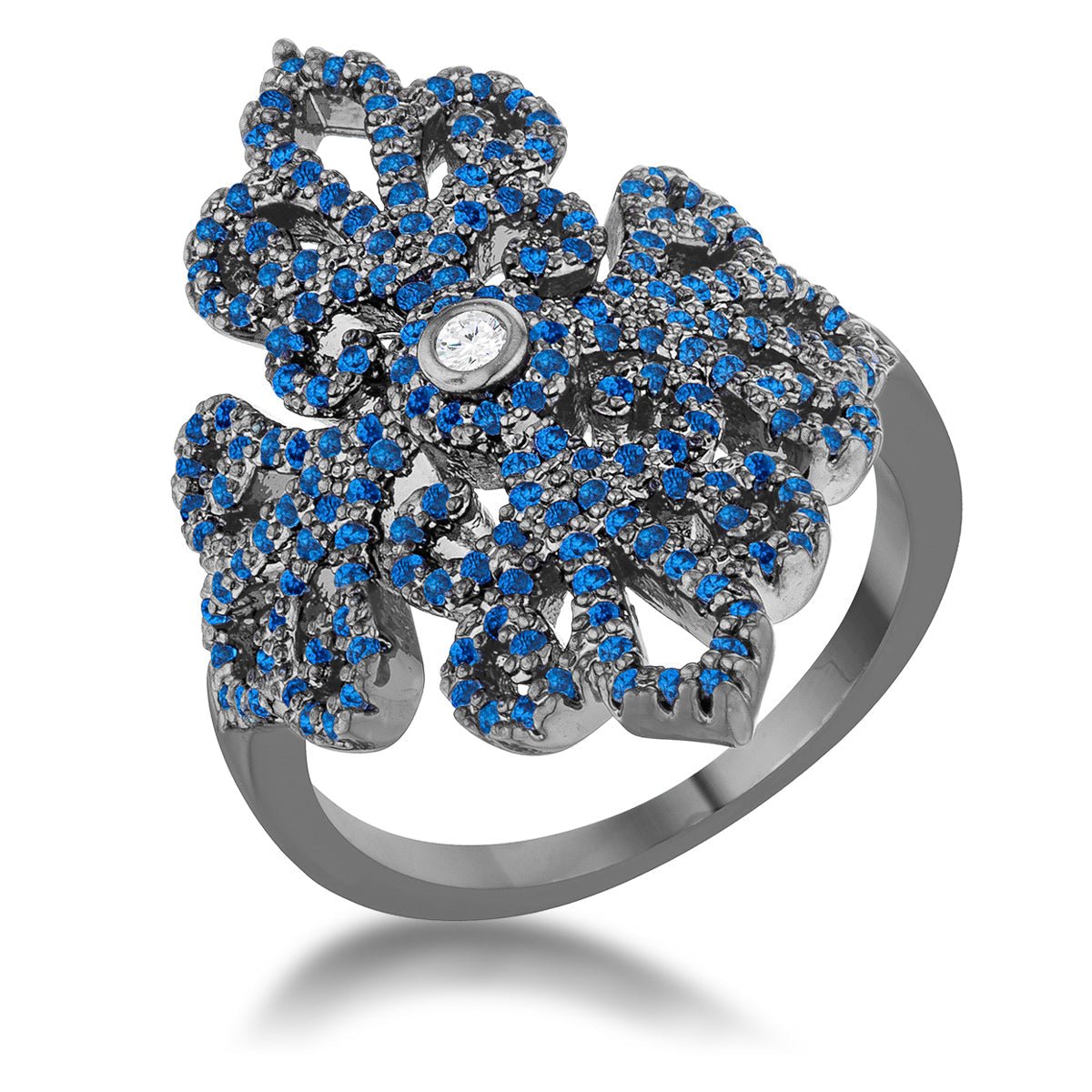 Victoria 1.23ct Sapphire CZ Hematite Filigree Cocktail Ring, &lt;b&gt;Size 5&lt;/b&gt; - LinkagejewelrydesignLinkagejewelrydesign