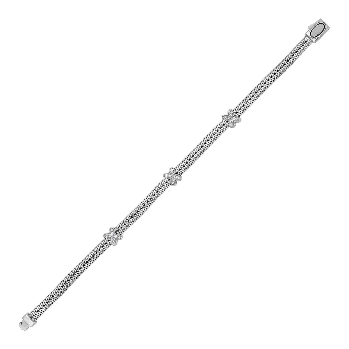 Woven Rope Bracelet with White Sapphire X Accents in Sterling Silver - LinkagejewelrydesignLinkagejewelrydesign