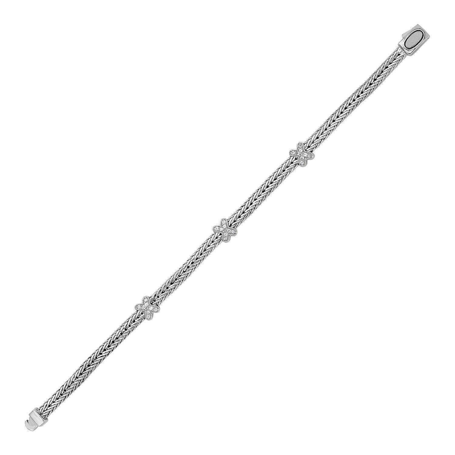 Woven Rope Bracelet with White Sapphire X Accents in Sterling Silver - LinkagejewelrydesignLinkagejewelrydesign