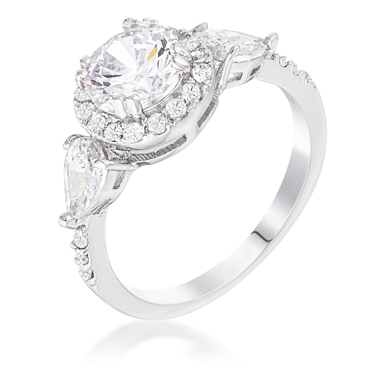 XXCt Rhodium 3-Stone Clear CZ Round Halo Pear Engagement Ring, &lt;b&gt;Size 5&lt;/b&gt; - LinkagejewelrydesignLinkagejewelrydesign